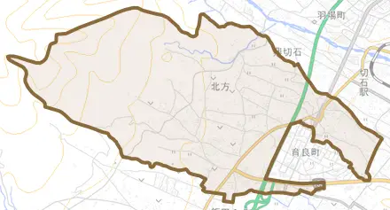 北方とその周辺の地図。町の範囲を重ねている