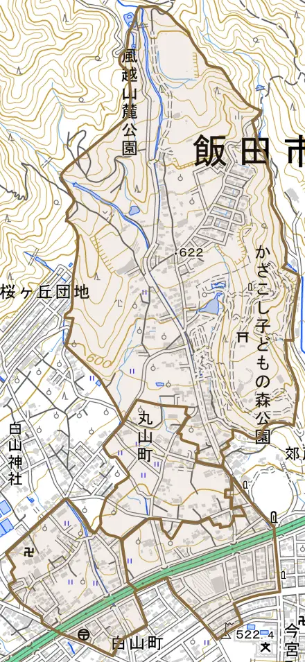 丸山町とその周辺の地図。町の範囲を重ねている