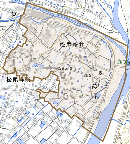 松尾新井とその周辺の地図。町の範囲を重ねている