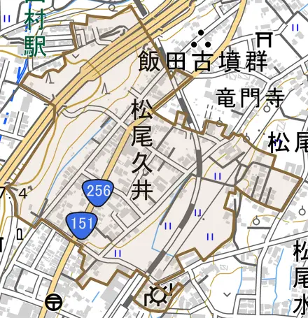 松尾久井とその周辺の地図。町の範囲を重ねている