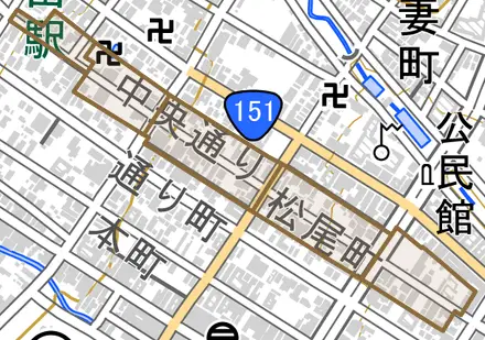 松尾町とその周辺の地図。町の範囲を重ねている