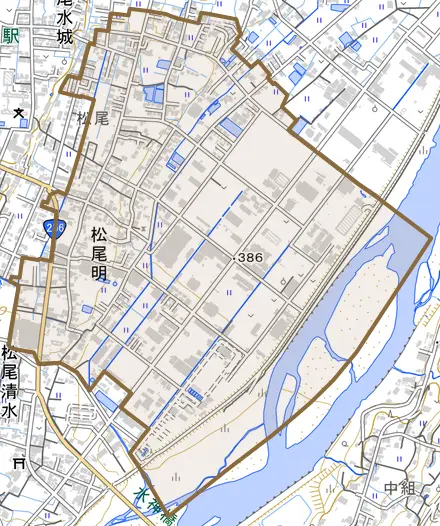 松尾明とその周辺の地図。町の範囲を重ねている