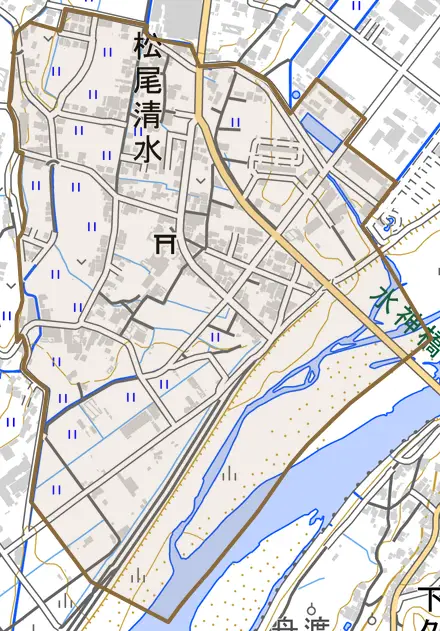 松尾清水とその周辺の地図。町の範囲を重ねている