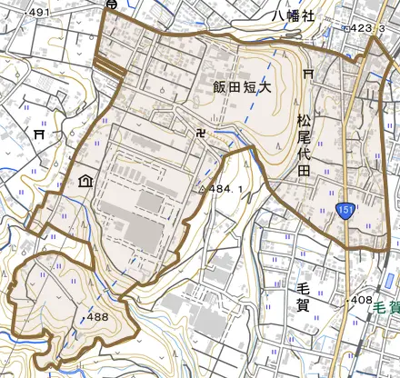 松尾代田とその周辺の地図。町の範囲を重ねている