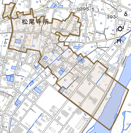 松尾寺所とその周辺の地図。町の範囲を重ねている