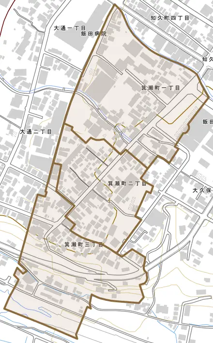 箕瀬町とその周辺の地図。町の範囲を重ねている