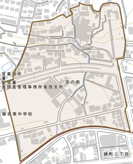 宮の前とその周辺の地図。町の範囲を重ねている