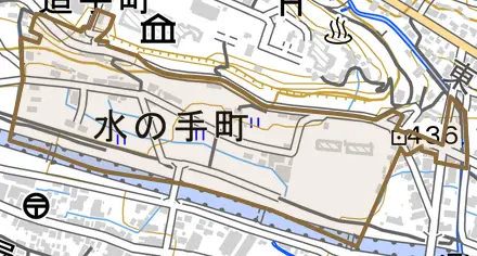水の手町とその周辺の地図。町の範囲を重ねている