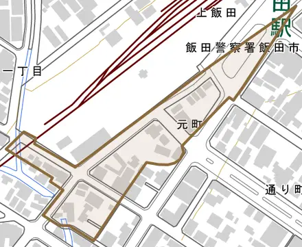 元町とその周辺の地図。町の範囲を重ねている