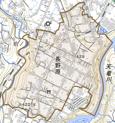 長野原とその周辺の地図。町の範囲を重ねている