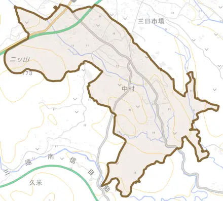 中村とその周辺の地図。町の範囲を重ねている
