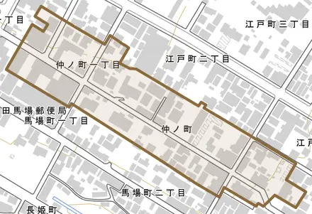仲ノ町とその周辺の地図。町の範囲を重ねている
