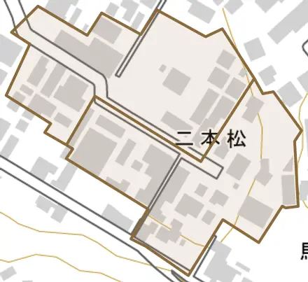 二本松とその周辺の地図。町の範囲を重ねている