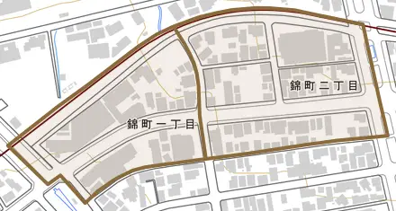錦町とその周辺の地図。町の範囲を重ねている