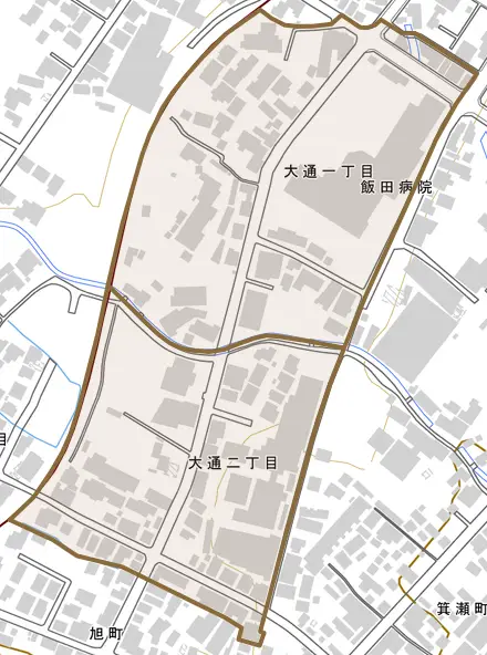 大通とその周辺の地図。町の範囲を重ねている