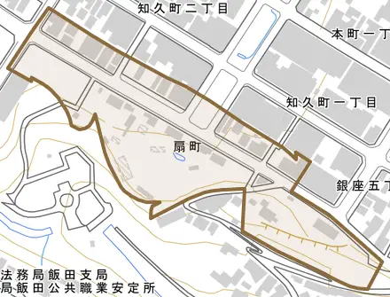 扇町とその周辺の地図。町の範囲を重ねている