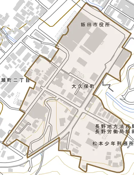 大久保町とその周辺の地図。町の範囲を重ねている