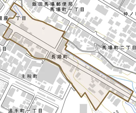 長姫町とその周辺の地図。町の範囲を重ねている
