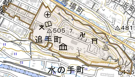 追手町とその周辺の地図。町の範囲を重ねている