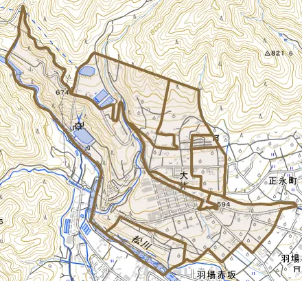 大休とその周辺の地図。町の範囲を重ねている
