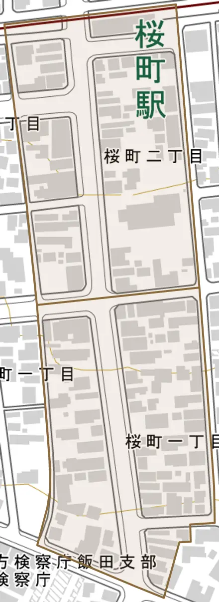桜町とその周辺の地図。町の範囲を重ねている