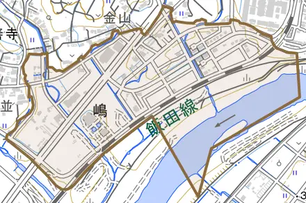 嶋とその周辺の地図。町の範囲を重ねている