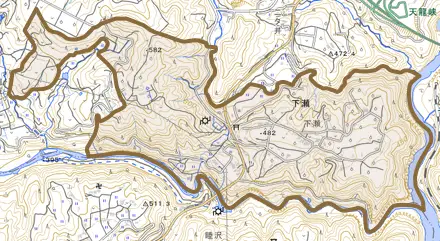 下瀬とその周辺の地図。町の範囲を重ねている
