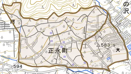 正永町とその周辺の地図。町の範囲を重ねている