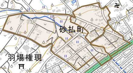 砂払町とその周辺の地図。町の範囲を重ねている