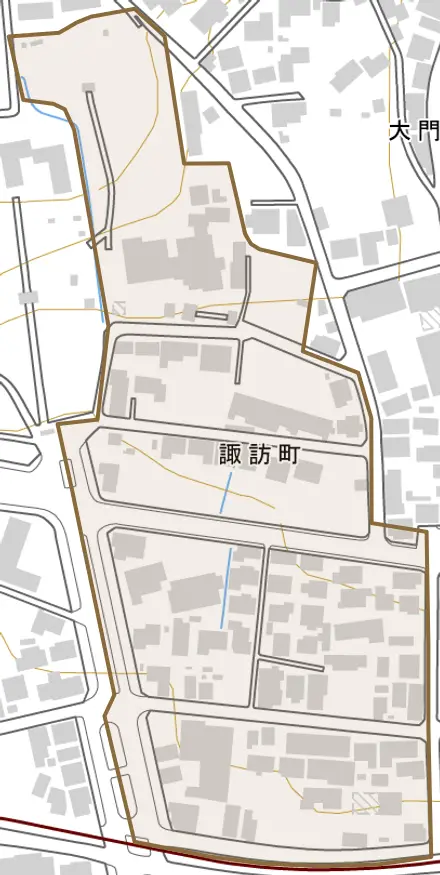 諏訪町とその周辺の地図。町の範囲を重ねている
