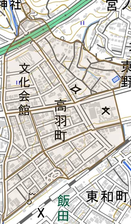 高羽町とその周辺の地図。町の範囲を重ねている