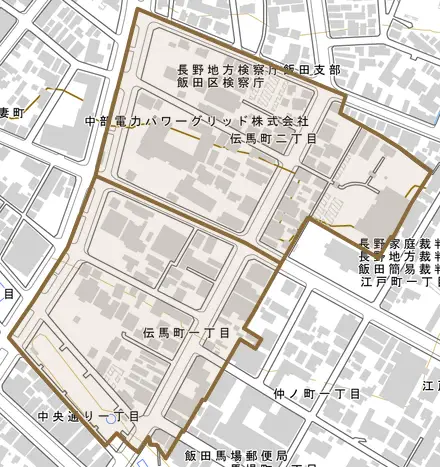 伝馬町とその周辺の地図。町の範囲を重ねている
