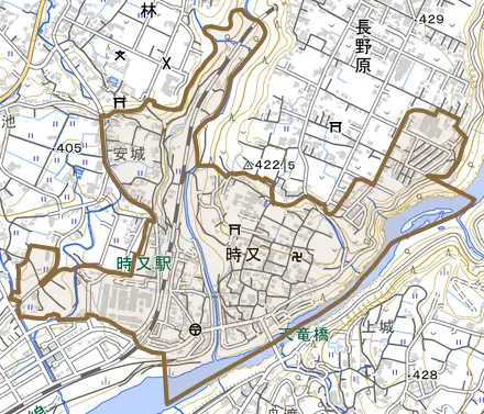 時又とその周辺の地図。町の範囲を重ねている