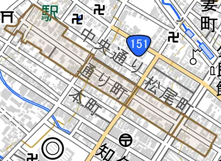 通り町とその周辺の地図。町の範囲を重ねている