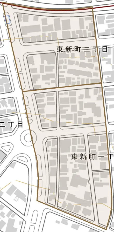 東新町とその周辺の地図。町の範囲を重ねている
