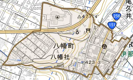 八幡町とその周辺の地図。町の範囲を重ねている
