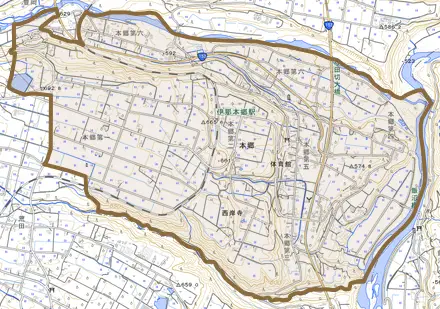 本郷とその周辺の地図。町の範囲を重ねている