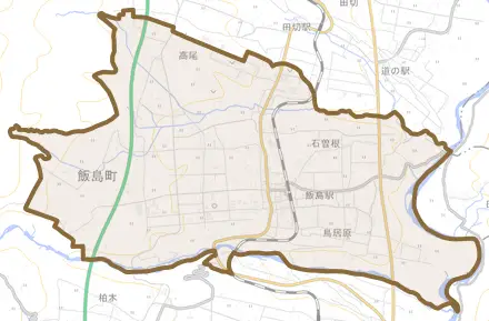 飯島とその周辺の地図。町の範囲を重ねている