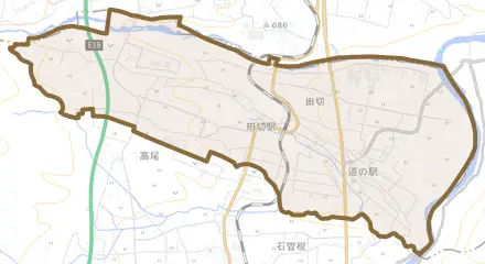 田切とその周辺の地図。町の範囲を重ねている