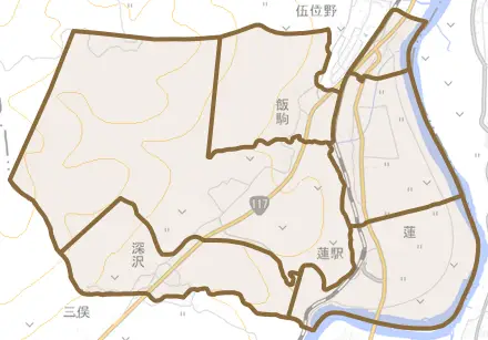 大字蓮とその周辺の地図。町の範囲を重ねている