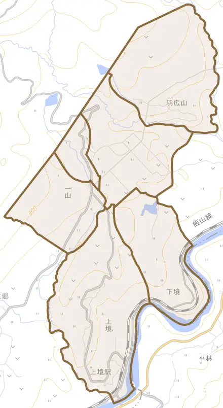 大字一山とその周辺の地図。町の範囲を重ねている