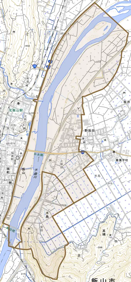大字木島とその周辺の地図。町の範囲を重ねている