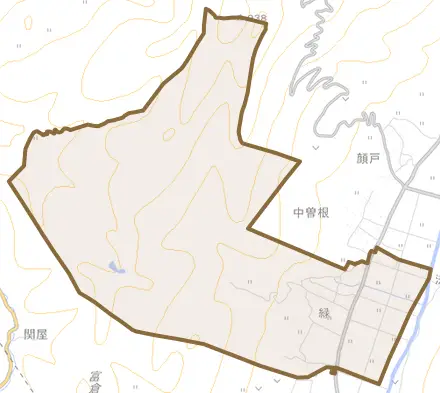 大字緑とその周辺の地図。町の範囲を重ねている