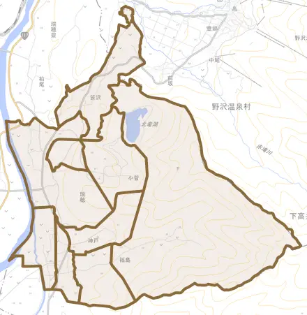 大字瑞穂とその周辺の地図。町の範囲を重ねている