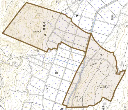 大字中曽根とその周辺の地図。町の範囲を重ねている