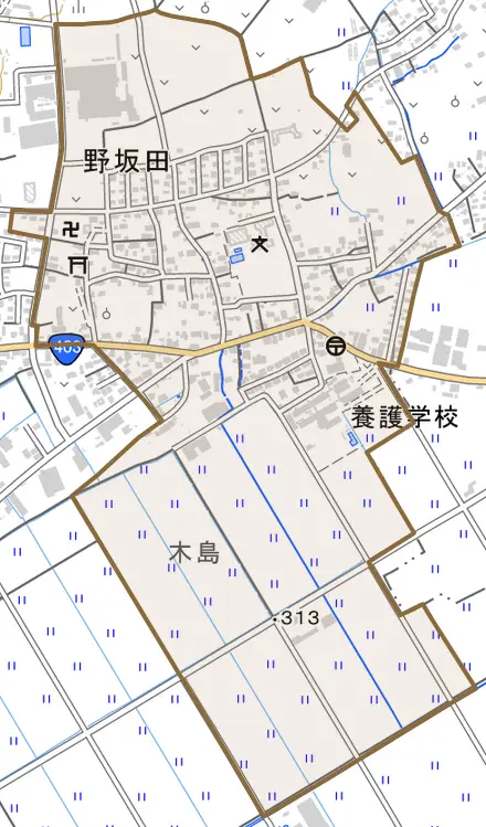大字野坂田とその周辺の地図。町の範囲を重ねている