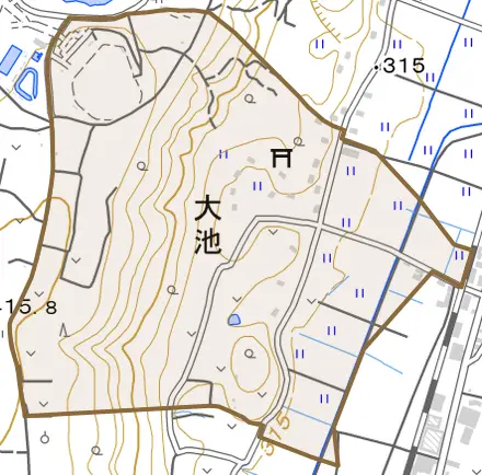 大字大池とその周辺の地図。町の範囲を重ねている
