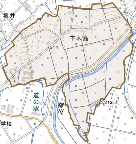 大字下木島とその周辺の地図。町の範囲を重ねている