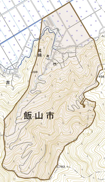 大字其綿とその周辺の地図。町の範囲を重ねている