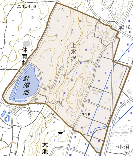 大字小沼とその周辺の地図。町の範囲を重ねている